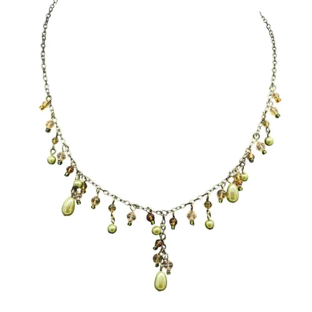 Green Beaded Y Drop Chain Necklace Brass Tone Chic Elegant Boho